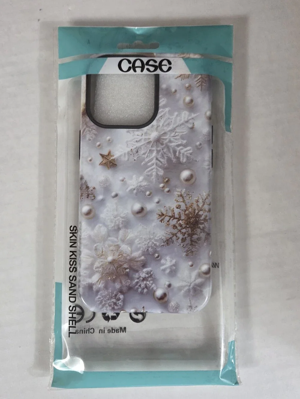 iPhone 15 Pro Cell Phone Case NEW -White & Gold -Snowflakes -Christmas